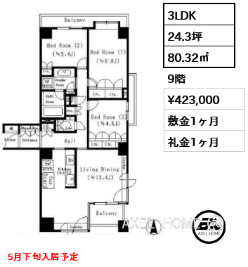 3LDK 80.32㎡  賃料¥423,000 敷金1ヶ月 礼金1ヶ月 5月下旬入居予定
