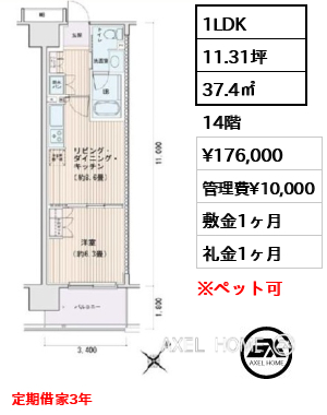 1LDK 37.4㎡  賃料¥176,000 管理費¥10,000 敷金1ヶ月 礼金1ヶ月 定期借家3年