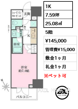 1K 25.08㎡  賃料¥145,000 管理費¥15,000 敷金1ヶ月 礼金1ヶ月