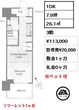 1DK 26.1㎡ 3階 賃料¥113,000 管理費¥20,000 敷金1ヶ月 礼金0ヶ月 　