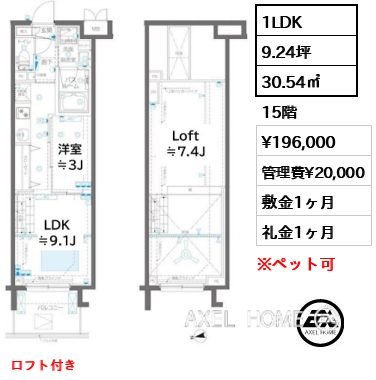 1LDK 30.54㎡  賃料¥196,000 管理費¥20,000 敷金1ヶ月 礼金1ヶ月 ロフト付き