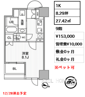 1K 27.42㎡  賃料¥153,000 管理費¥10,000 敷金0ヶ月 礼金0ヶ月 12/28退去予定
