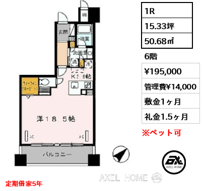 1R 50.68㎡  賃料¥195,000 管理費¥14,000 敷金1ヶ月 礼金1.5ヶ月 定期借家5年