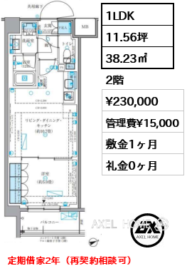 1LDK 38.23㎡  賃料¥230,000 管理費¥15,000 敷金1ヶ月 礼金0ヶ月 定期借家2年（再契約相談可）