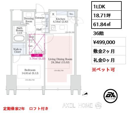 1LDK 61.84㎡  賃料¥499,000 敷金2ヶ月 礼金0ヶ月 定期借家2年　ロフト付き