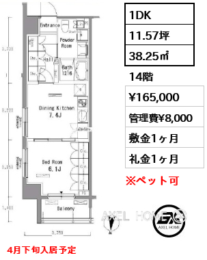 1DK 38.25㎡  賃料¥165,000 管理費¥8,000 敷金1ヶ月 礼金1ヶ月 4月下旬入居予定