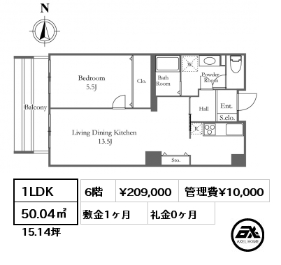  6階 賃料¥214,000 管理費¥10,000 敷金1ヶ月 礼金0ヶ月 11月下旬入居予定