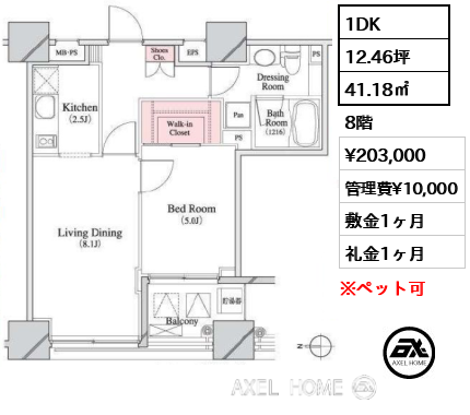 1DK 41.18㎡  賃料¥203,000 管理費¥10,000 敷金1ヶ月 礼金1ヶ月