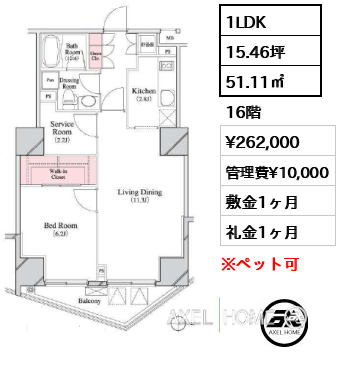 1LDK 51.11㎡  賃料¥262,000 管理費¥10,000 敷金1ヶ月 礼金1ヶ月