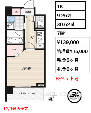 1K 30.62㎡  賃料¥139,000 管理費¥15,000 敷金0ヶ月 礼金0ヶ月 12/1退去予定