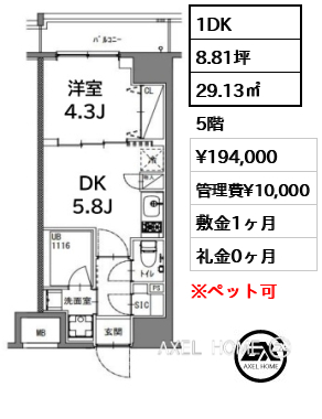 1DK 29.13㎡  賃料¥194,000 管理費¥10,000 敷金1ヶ月 礼金0ヶ月