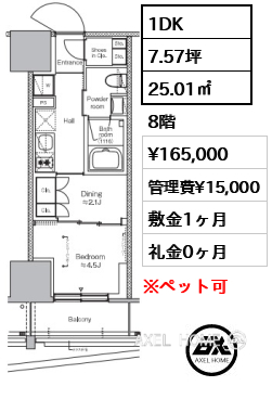 1DK 25.01㎡  賃料¥165,000 管理費¥15,000 敷金1ヶ月 礼金0ヶ月