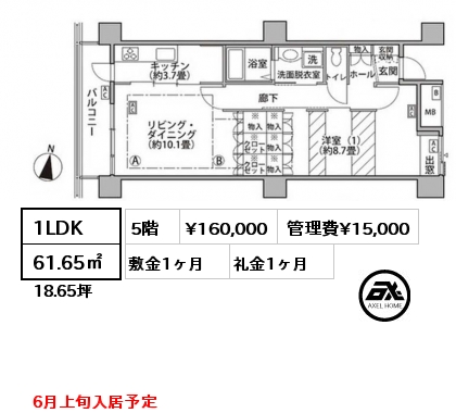 1LDK 61.65㎡ 5階 賃料¥160,000 管理費¥15,000 敷金1ヶ月 礼金1ヶ月 6月上旬入居予定