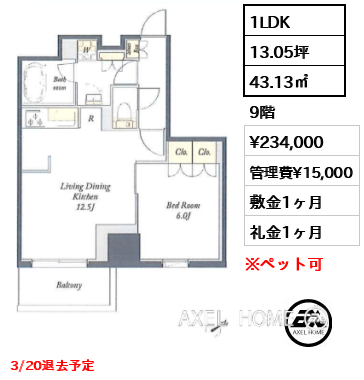 1LDK 43.13㎡  賃料¥234,000 管理費¥15,000 敷金1ヶ月 礼金1ヶ月 3/20退去予定