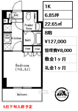 1K 22.65㎡  賃料¥127,000 管理費¥8,000 敷金1ヶ月 礼金1ヶ月 5月下旬入居予定