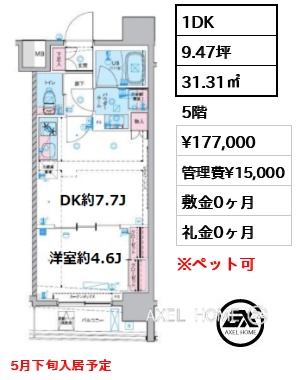 1DK 31.31㎡  賃料¥177,000 管理費¥15,000 敷金0ヶ月 礼金0ヶ月 5月下旬入居予定