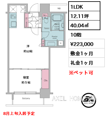 1LDK 40.04㎡  賃料¥223,000 敷金1ヶ月 礼金1ヶ月 8月上旬入居予定