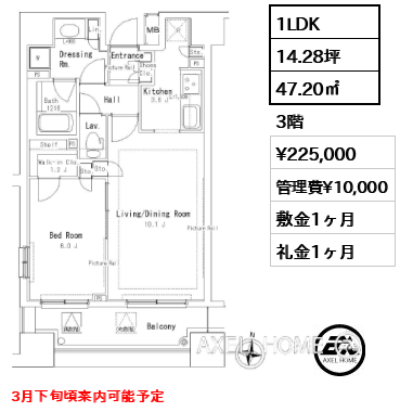 1LDK 47.20㎡  賃料¥225,000 管理費¥10,000 敷金1ヶ月 礼金1ヶ月 3月下旬頃案内可能予定