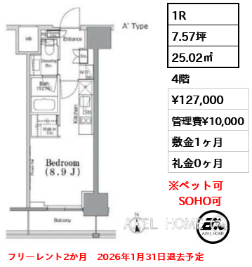 1R 25.02㎡  賃料¥127,000 管理費¥10,000 敷金1ヶ月 礼金0ヶ月 フリーレント2か月　2026年1月31日退去予定