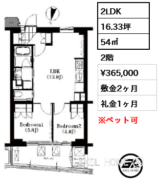 2LDK 54㎡  賃料¥365,000 敷金2ヶ月 礼金1ヶ月