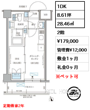 1DK 28.46㎡  賃料¥179,000 管理費¥12,000 敷金1ヶ月 礼金0ヶ月 定期借家2年
