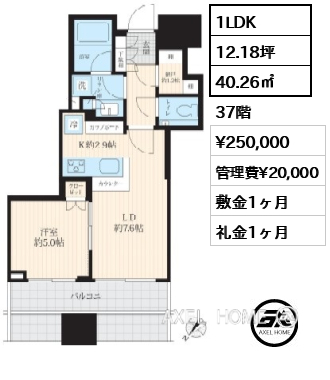 1LDK 40.26㎡  賃料¥250,000 管理費¥20,000 敷金1ヶ月 礼金1ヶ月