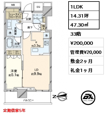 1LDK 47.30㎡ 33階 賃料¥200,000 管理費¥20,000 敷金2ヶ月 礼金1ヶ月 定期借家5年