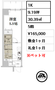 間取り6 1K 30.39㎡  賃料¥165,000 敷金1ヶ月 礼金1ヶ月
