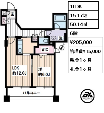 間取り6 1LDK 50.14㎡  賃料¥205,000 管理費¥15,000 敷金1ヶ月 礼金1ヶ月