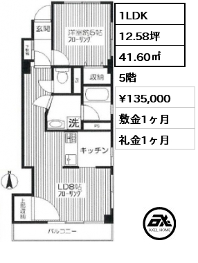 間取り6 1LDK 41.60㎡ 5階 賃料¥135,000 敷金1ヶ月 礼金1ヶ月