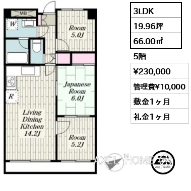 間取り6 3LDK 66.00㎡  賃料¥230,000 管理費¥10,000 敷金1ヶ月 礼金1ヶ月
