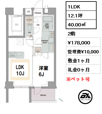 間取り6 1LDK 40.00㎡ 3階 賃料¥178,000 管理費¥10,000 敷金1ヶ月 礼金0ヶ月