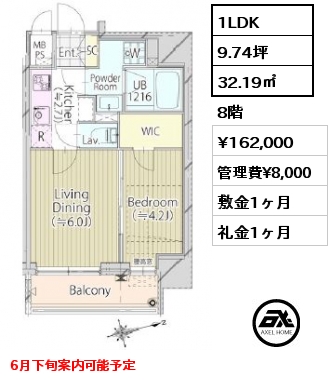 間取り6 1LDK 32.19㎡ 8階 賃料¥162,000 管理費¥8,000 敷金1ヶ月 礼金1ヶ月 6月下旬案内可能予定