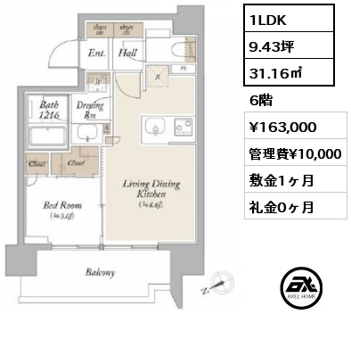 間取り6 1LDK 31.16㎡ 6階 賃料¥163,000 管理費¥10,000 敷金1ヶ月 礼金0ヶ月  　　