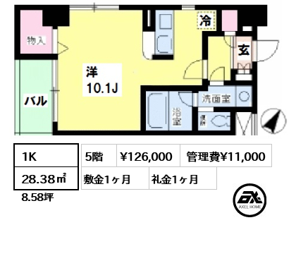 間取り6 1K 28.38㎡  賃料¥126,000 管理費¥11,000 敷金1ヶ月 礼金1ヶ月