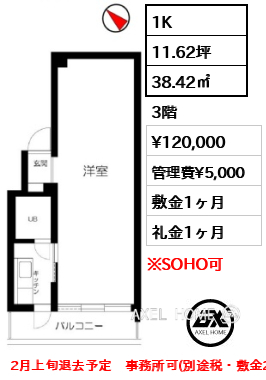 1K 38.42㎡  賃料¥120,000 管理費¥5,000 敷金1ヶ月 礼金1ヶ月 2月上旬退去予定　事務所可(別途税・敷金2ヶ月)