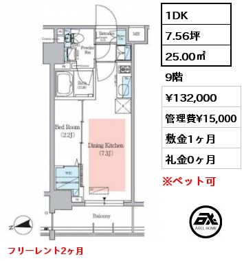 間取り6 1DK 25.00㎡ 9階 賃料¥132,000 管理費¥15,000 敷金1ヶ月 礼金0ヶ月 フリーレント2ヶ月