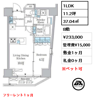 間取り6 1LDK 37.04㎡ 8階 賃料¥233,000 管理費¥15,000 敷金1ヶ月 礼金0ヶ月 フリーレント１ヶ月