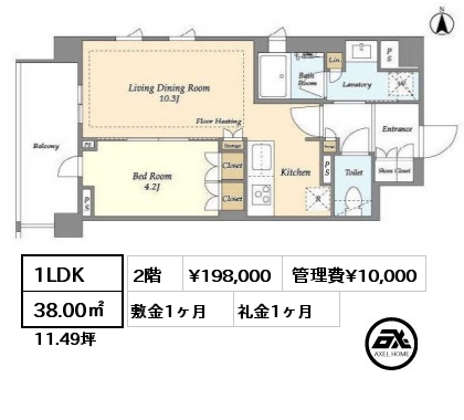 間取り6 1LDK 38.00㎡ 2階 賃料¥198,000 管理費¥10,000 敷金1ヶ月 礼金1ヶ月 　　