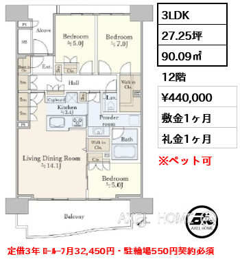 3LDK 90.09㎡  賃料¥440,000 敷金1ヶ月 礼金1ヶ月 定借3年 ﾛｰﾙｰﾌ月32,450円・駐輪場550円契約必須