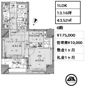 間取り6 1LDK 43.52㎡ 8階 賃料¥175,000 管理費¥10,000 敷金1ヶ月 礼金1ヶ月