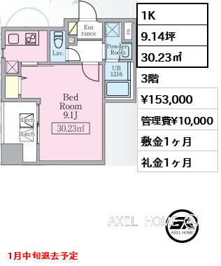 1K 30.23㎡  賃料¥153,000 管理費¥10,000 敷金1ヶ月 礼金1ヶ月 1月中旬退去予定