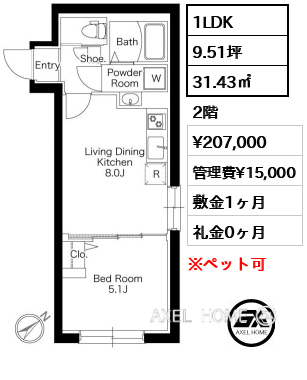 1LDK 31.43㎡  賃料¥222,000 管理費¥15,000 敷金1ヶ月 礼金0ヶ月