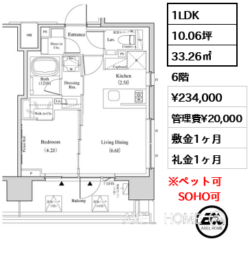 1LDK 33.26㎡  賃料¥234,000 管理費¥20,000 敷金1ヶ月 礼金1ヶ月