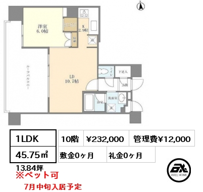 間取り6 1LDK 45.75㎡ 10階 賃料¥232,000 管理費¥12,000 敷金0ヶ月 礼金0ヶ月 7月中旬入居予定