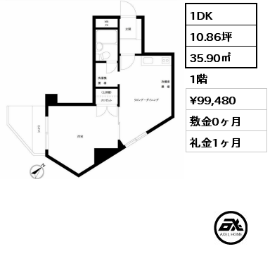 1-B 1DK 35.90㎡ 1階 賃料¥104,480 敷金0ヶ月 礼金1ヶ月