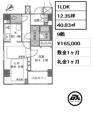 1LDK 40.83㎡ 9階 賃料¥165,000 敷金1ヶ月 礼金1ヶ月