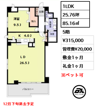 間取り6 1LDK 85.16㎡  賃料¥315,000 管理費¥20,000 敷金1ヶ月 礼金1ヶ月 12月下旬退去予定