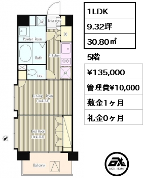 間取り6 1LDK 30.80㎡ 5階 賃料¥135,000 管理費¥10,000 敷金1ヶ月 礼金0ヶ月