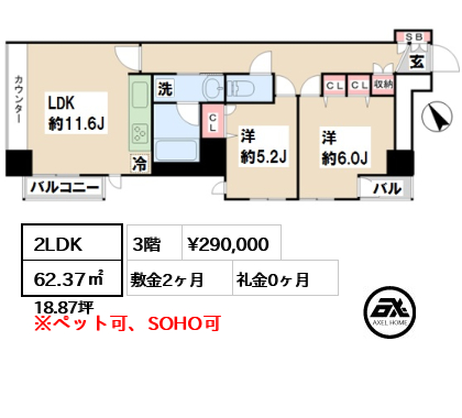 間取り6 2LDK 62.37㎡  賃料¥290,000 敷金2ヶ月 礼金0ヶ月 11月20日退去予定